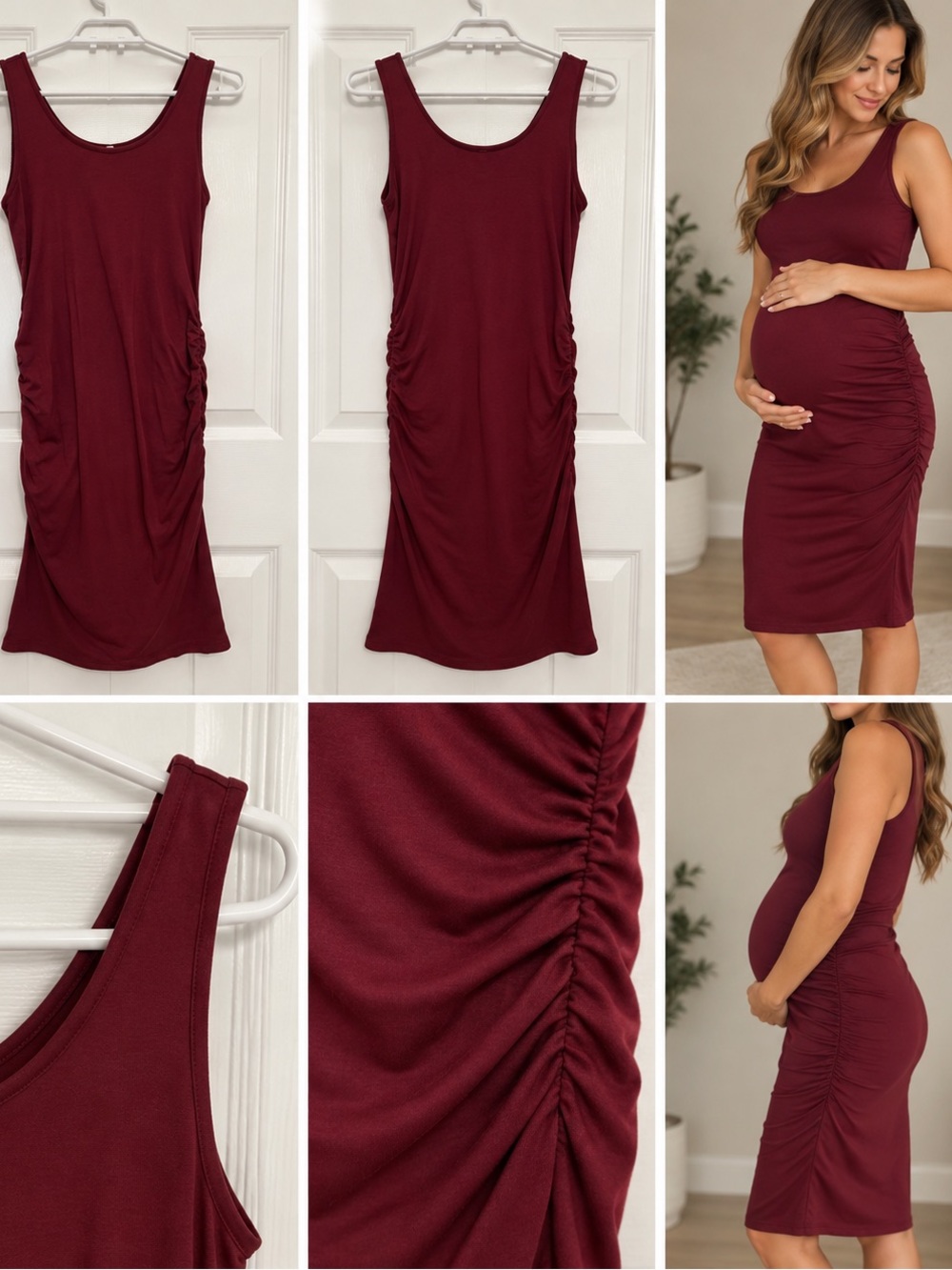Women’s Maternity Sleeveless Ruched Side Dress - Burgundy